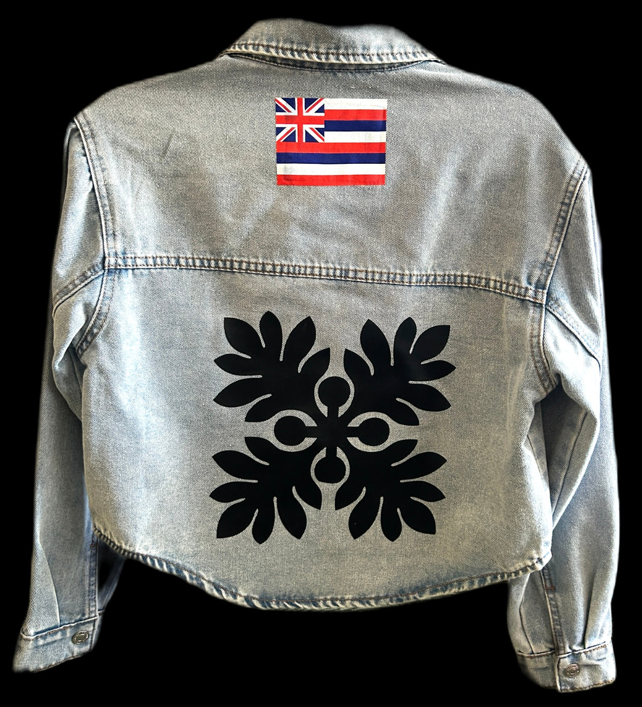 Cropped quilt/hawaiian flag denim jacket