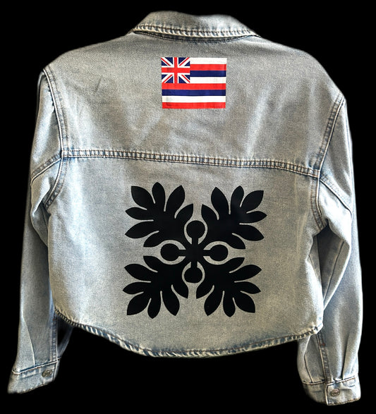 Cropped quilt/hawaiian flag denim jacket