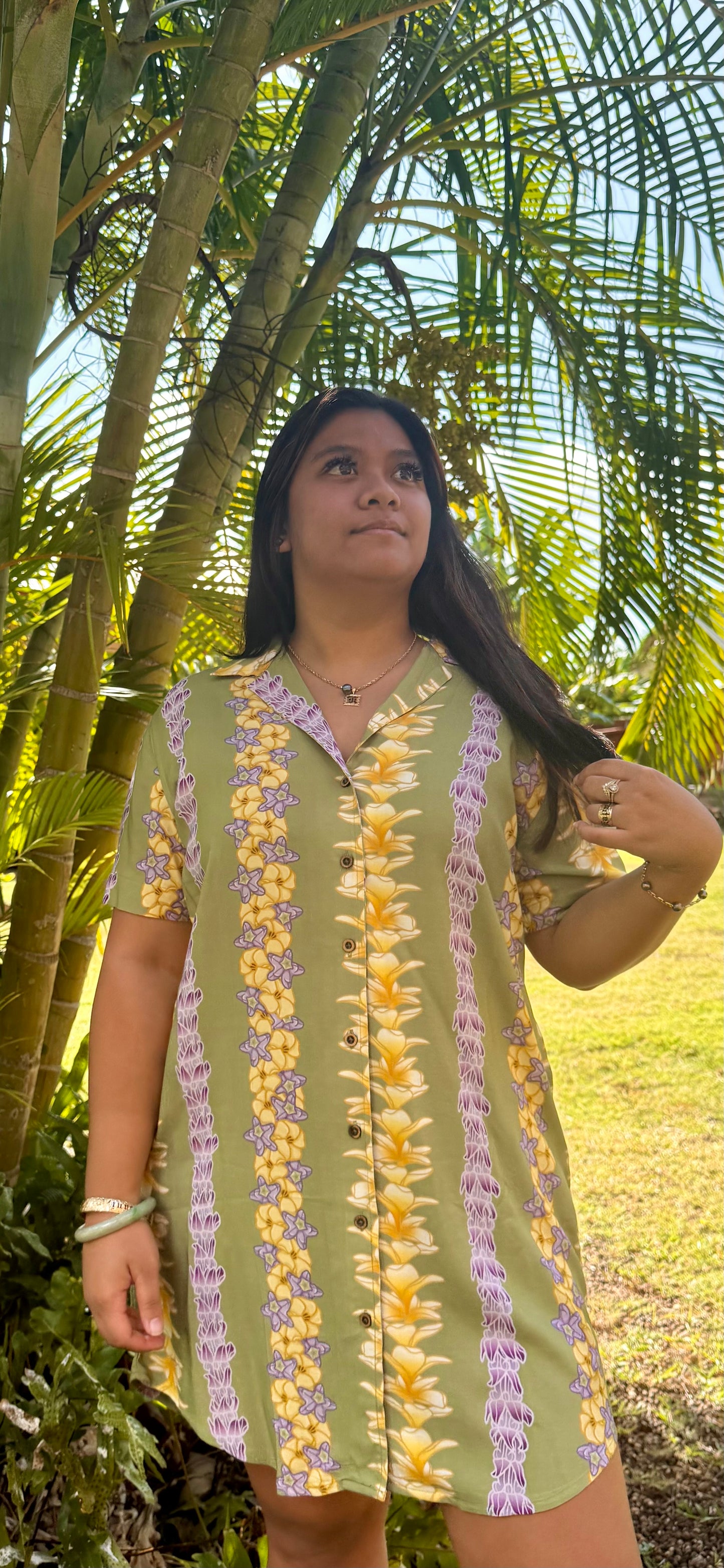 Malu Aloha Shirt Dress (Green Lei Pua)