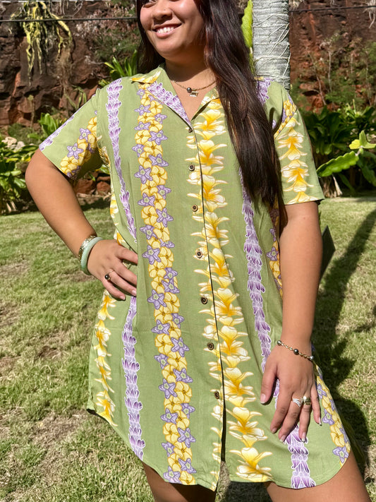 Malu Aloha Shirt Dress (Green Lei Pua)