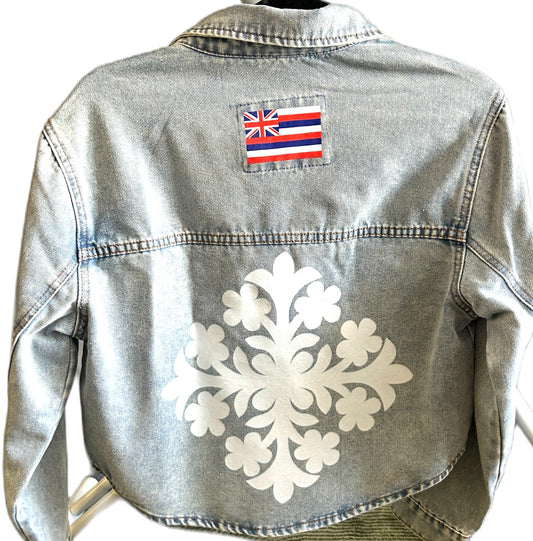 Cropped quilt/hawaiian flag denim jacket