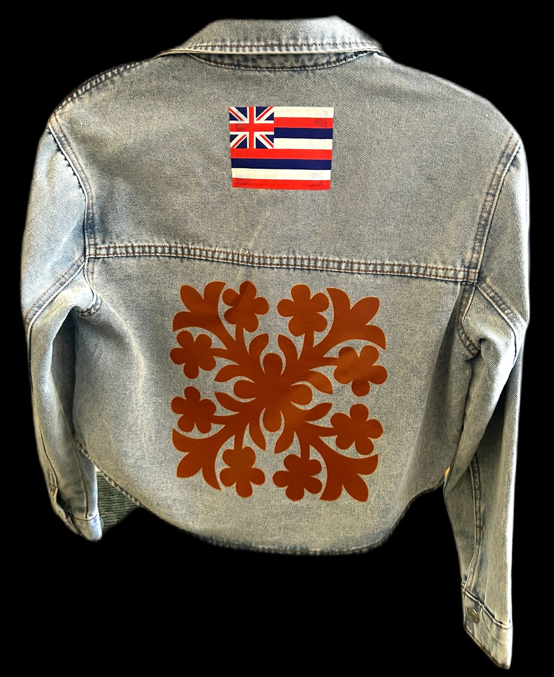Cropped quilt/hawaiian flag denim jacket