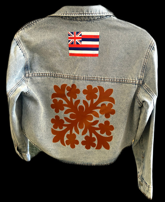 Cropped quilt/hawaiian flag denim jacket