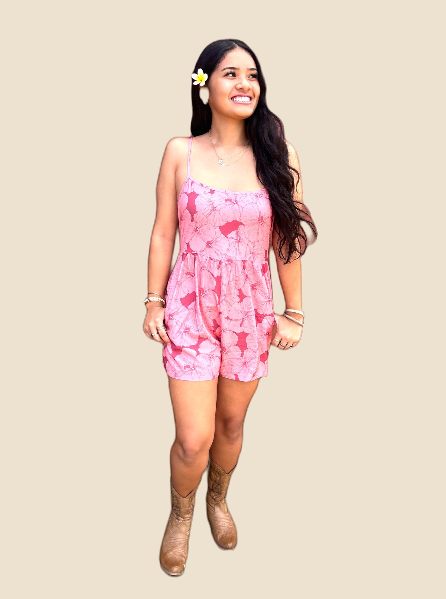 Shorts Romper (Pink Hibiscus)